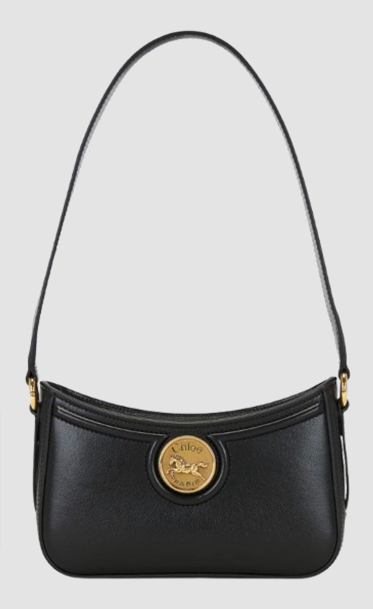 Black leather shoulder bag with gold medallion