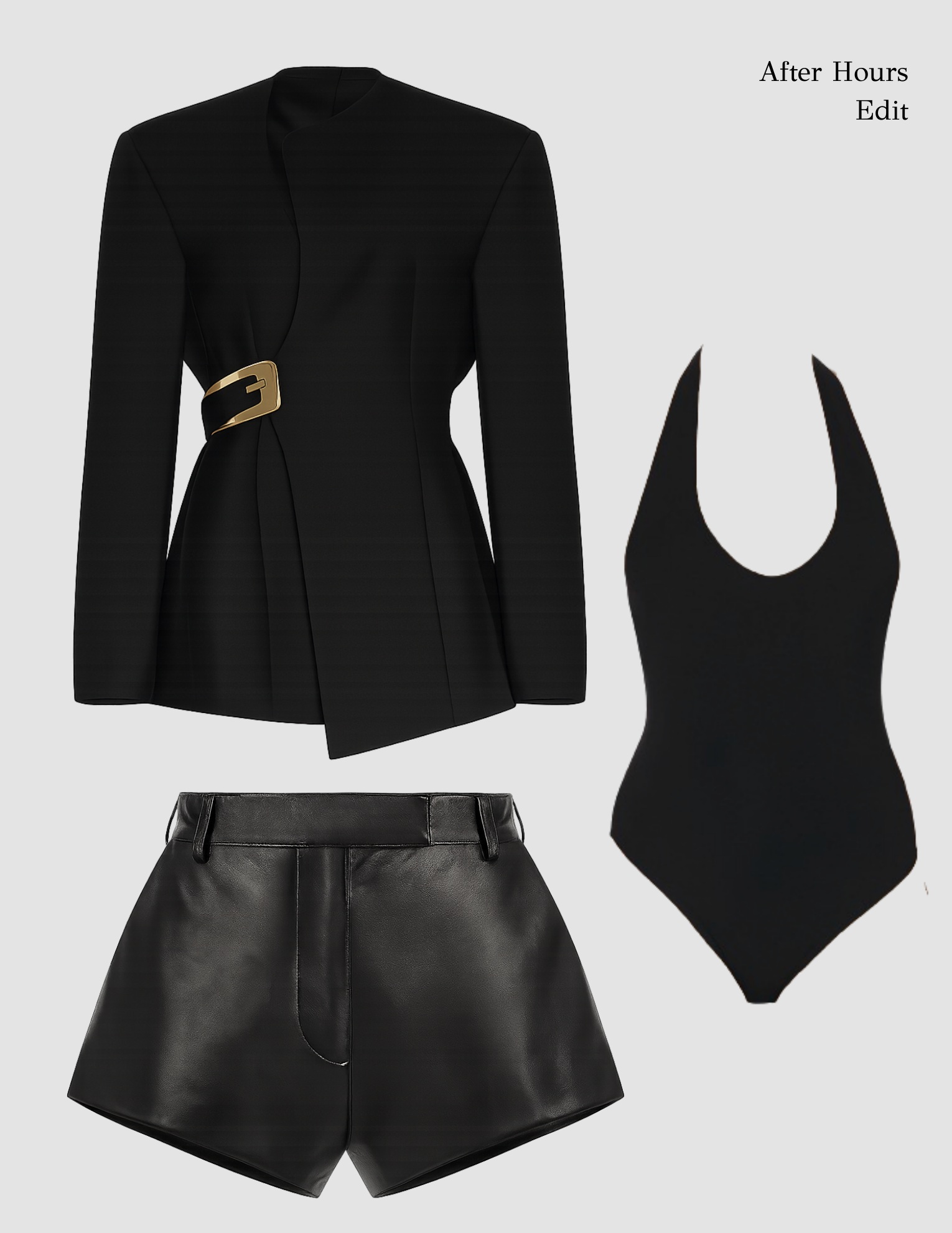 Black blazer, bodysuit, and leather shorts outfit edit