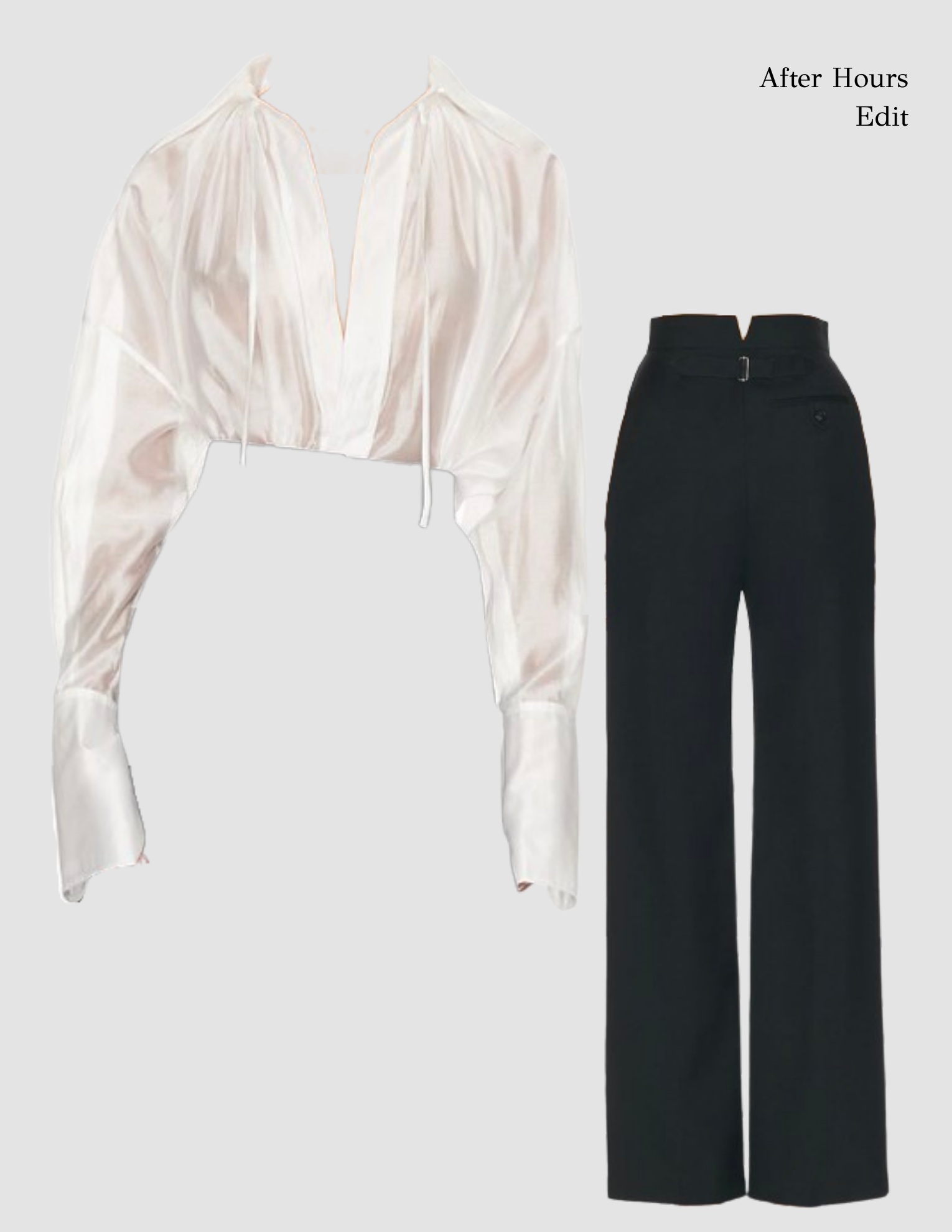 Ivory satin blouse and tailored black trousers outfit edit